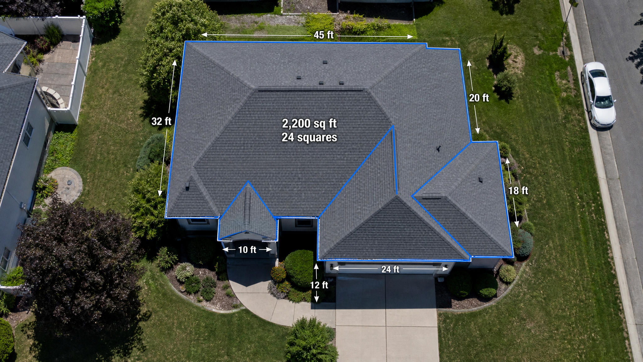 Aerial satellite view of a house with a blue roof outline and measurement annotations totaling 2,200 sq ft and 24 squares